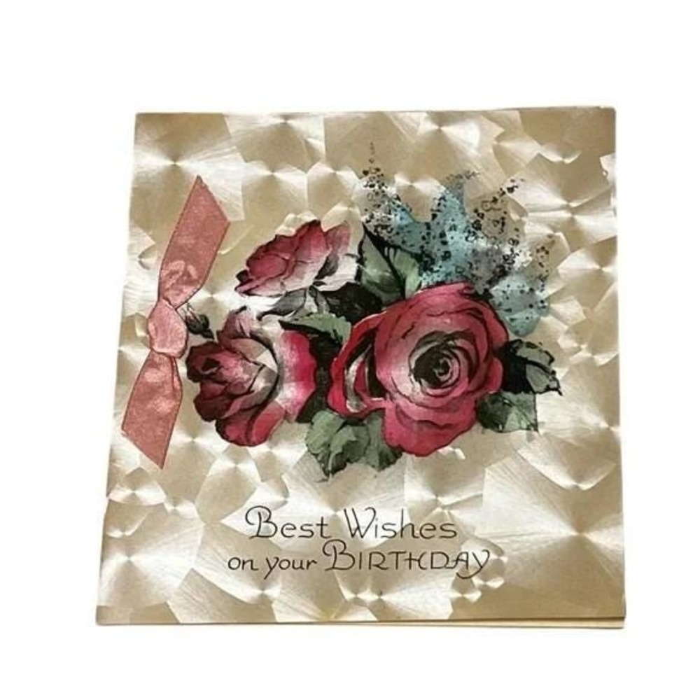 Best Wishes for Your Birthday Roses Ribbon Vintage Card Hand Colored CBX